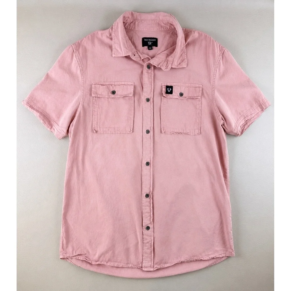 Streetwear Short Sleeve Button Down Shirt Pink‎ Large True Religion